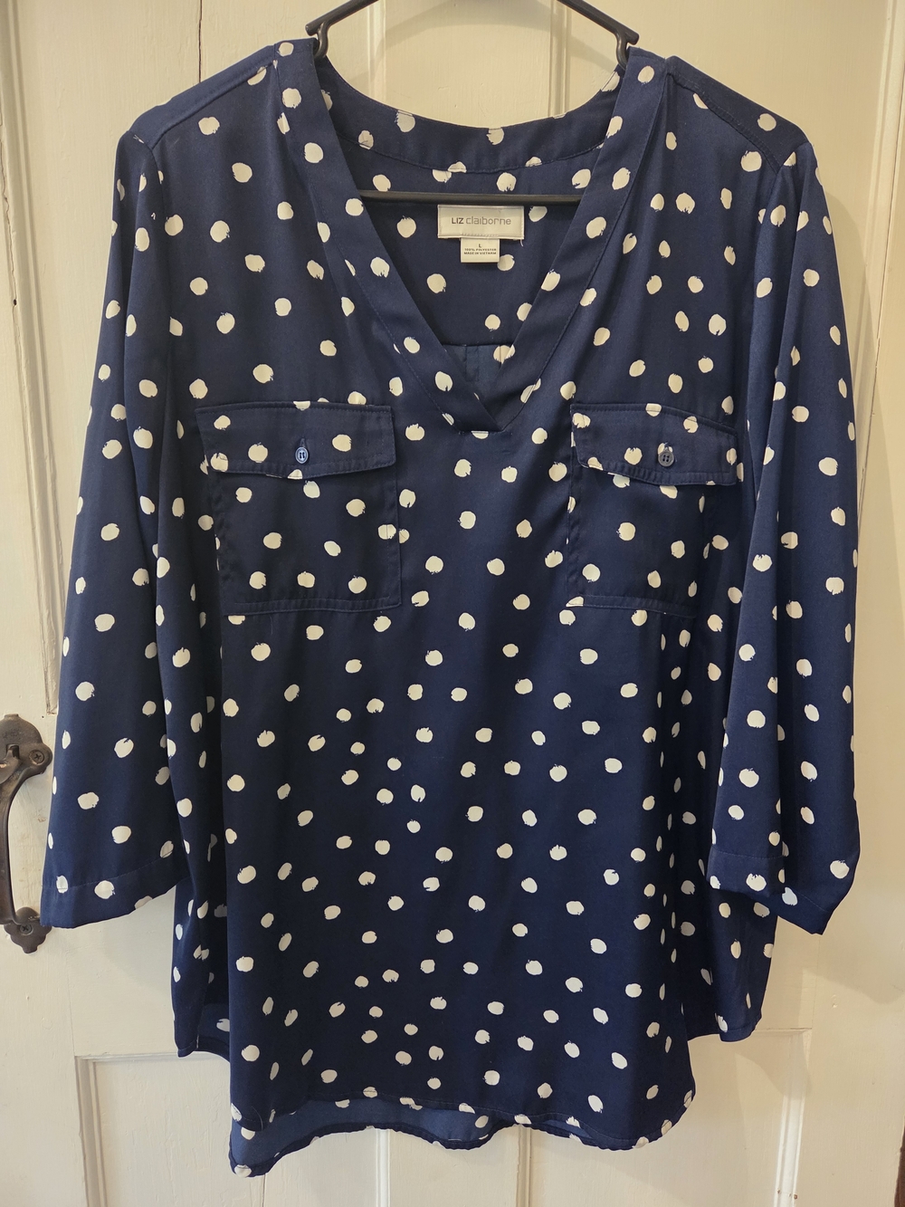 Liz Claiborne Navy Polka Dot V-Neck Blouse